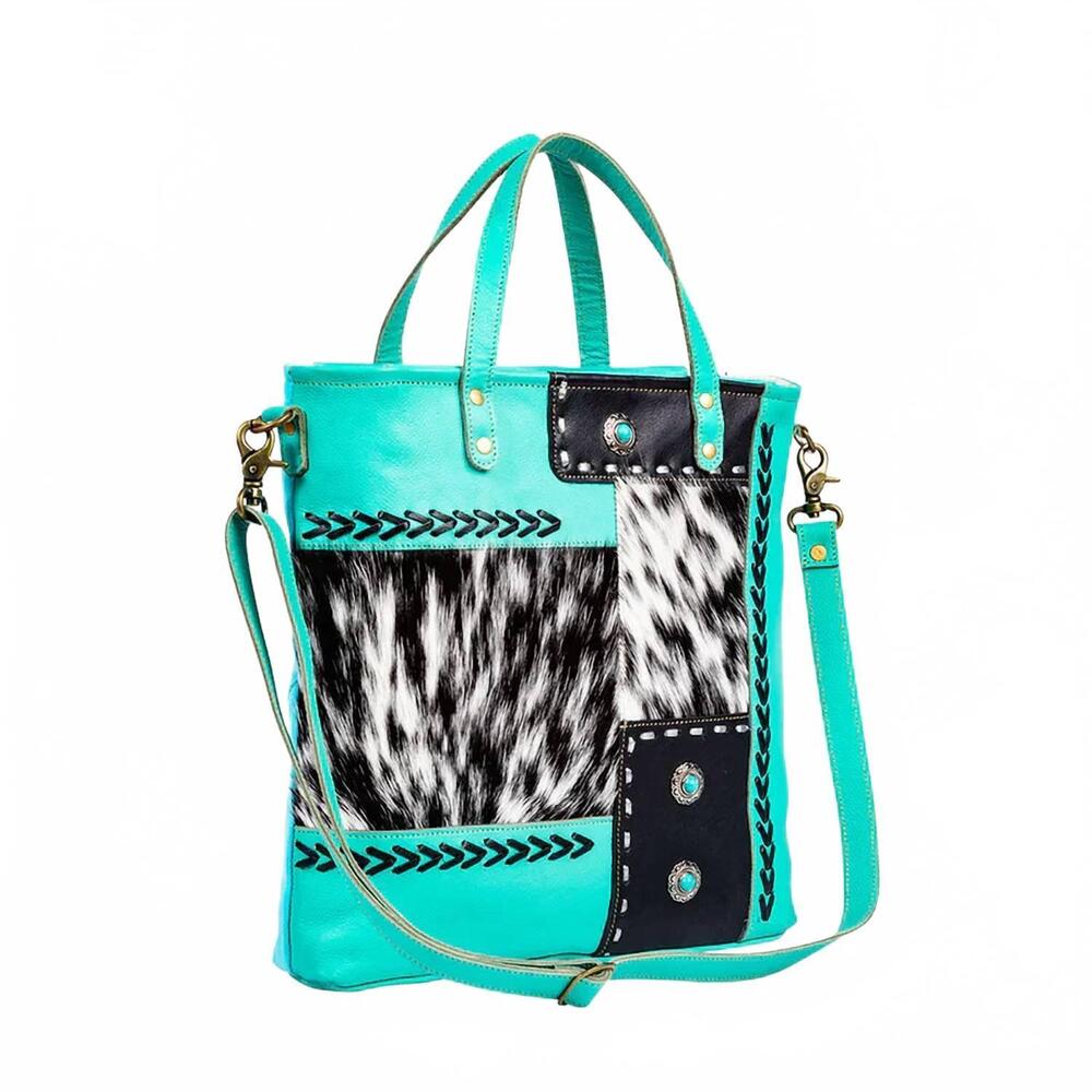 NEW MYRA BAGS canvas and hairon bag in turquoise
